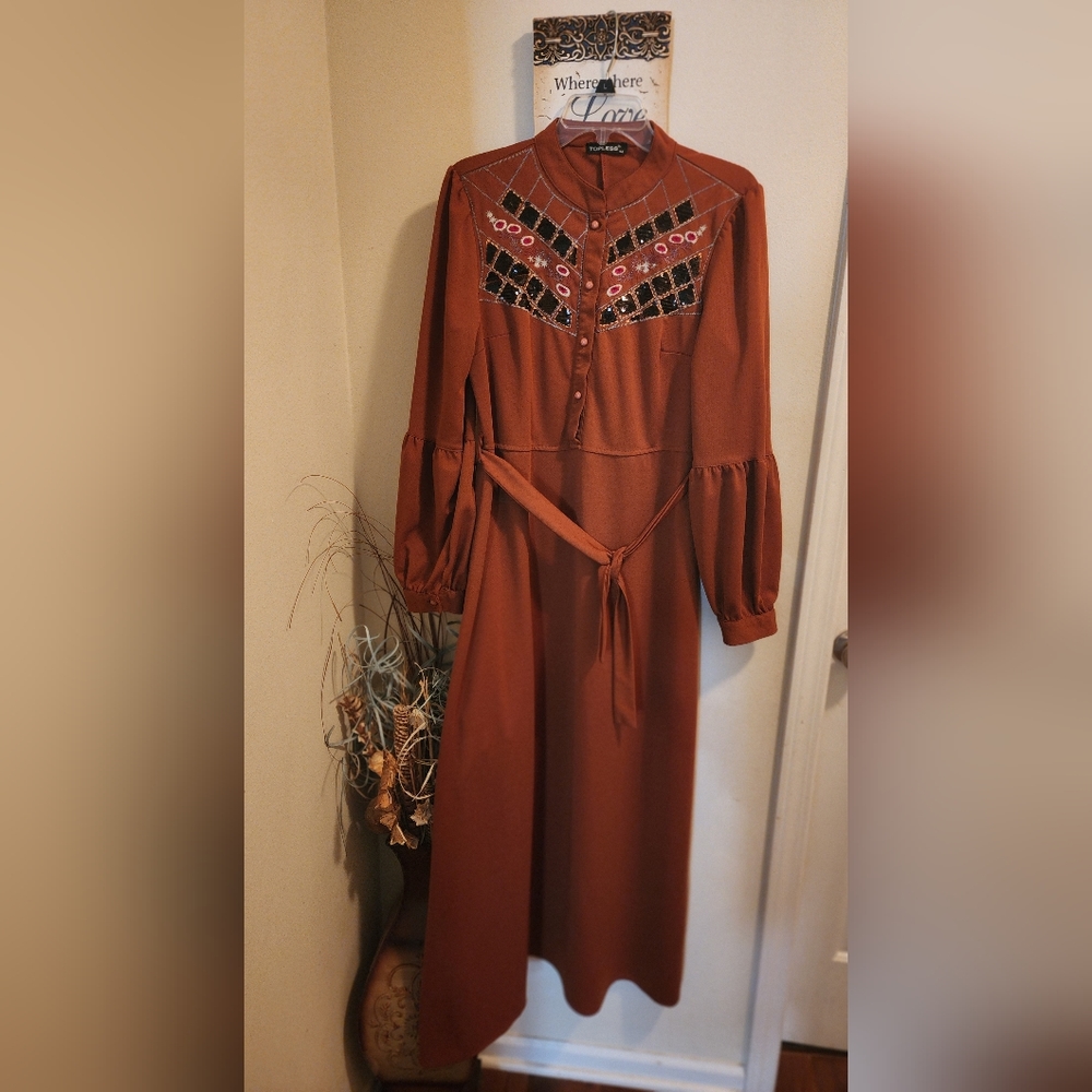 Topless sz 12 maxi burn orange dress with sequin bodice and puffed sleeves+sash